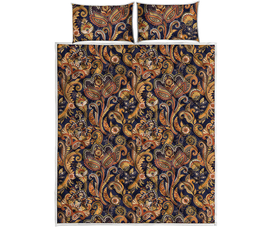 Gold And Blue Paisley Pattern Print Quilt Bed Set