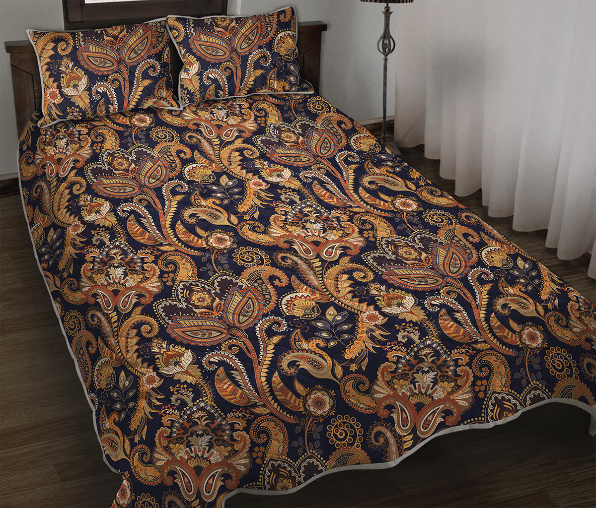 Gold And Blue Paisley Pattern Print Quilt Bed Set