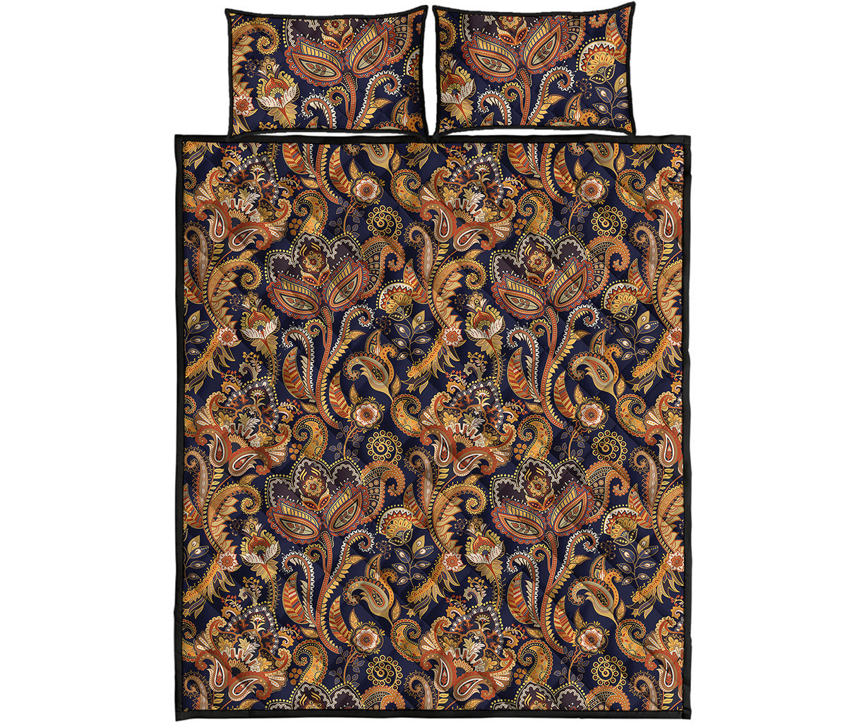 Gold And Blue Paisley Pattern Print Quilt Bed Set