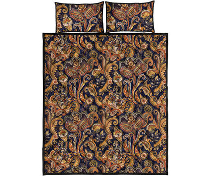 Gold And Blue Paisley Pattern Print Quilt Bed Set