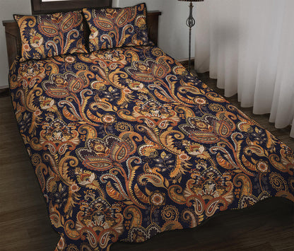 Gold And Blue Paisley Pattern Print Quilt Bed Set