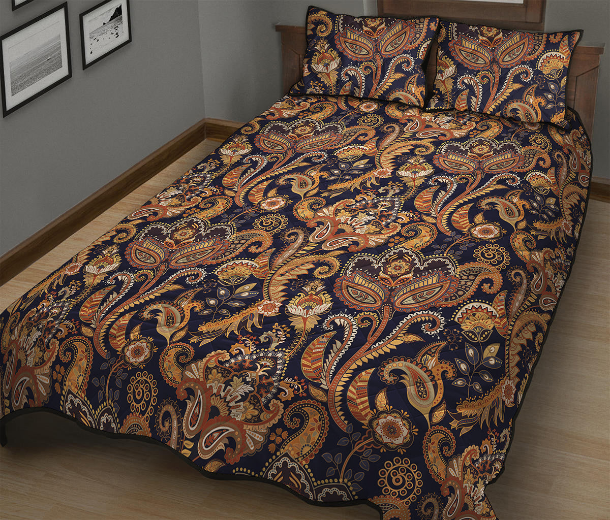 Gold And Blue Paisley Pattern Print Quilt Bed Set