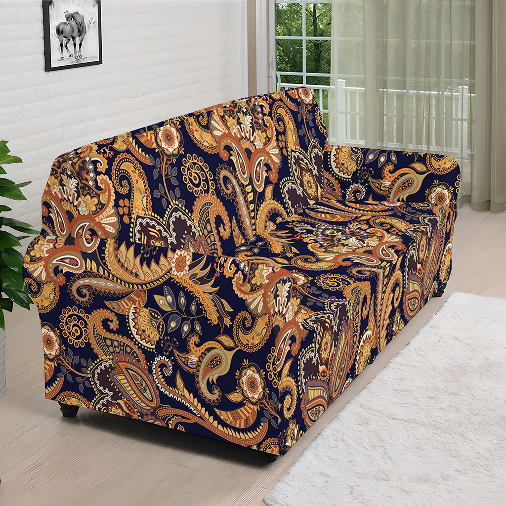 Gold And Blue Paisley Pattern Print Sofa Cover