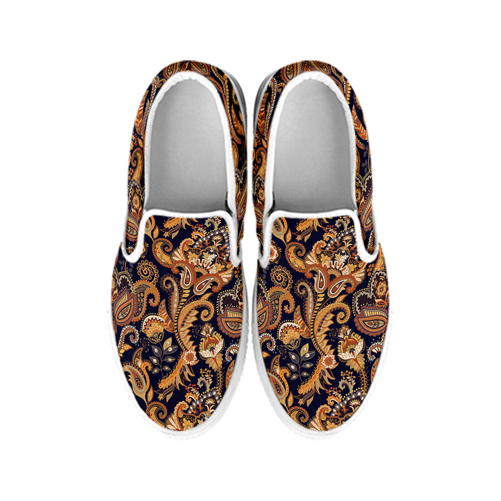 Gold And Blue Paisley Pattern Print White Slip On Shoes