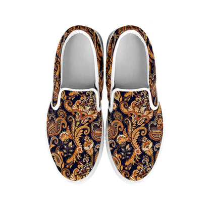 Gold And Blue Paisley Pattern Print White Slip On Shoes