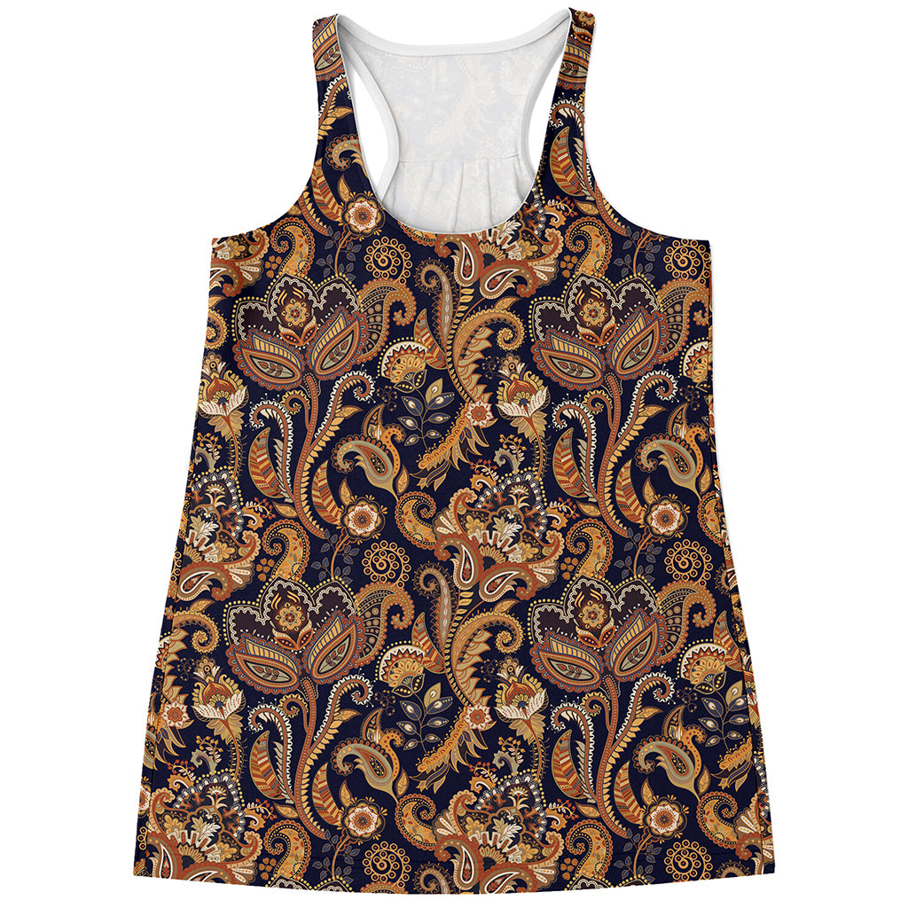 Gold And Blue Paisley Pattern Print Women's Racerback Tank Top