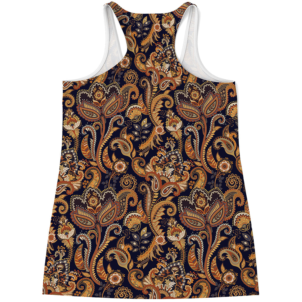 Gold And Blue Paisley Pattern Print Women's Racerback Tank Top