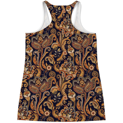 Gold And Blue Paisley Pattern Print Women's Racerback Tank Top