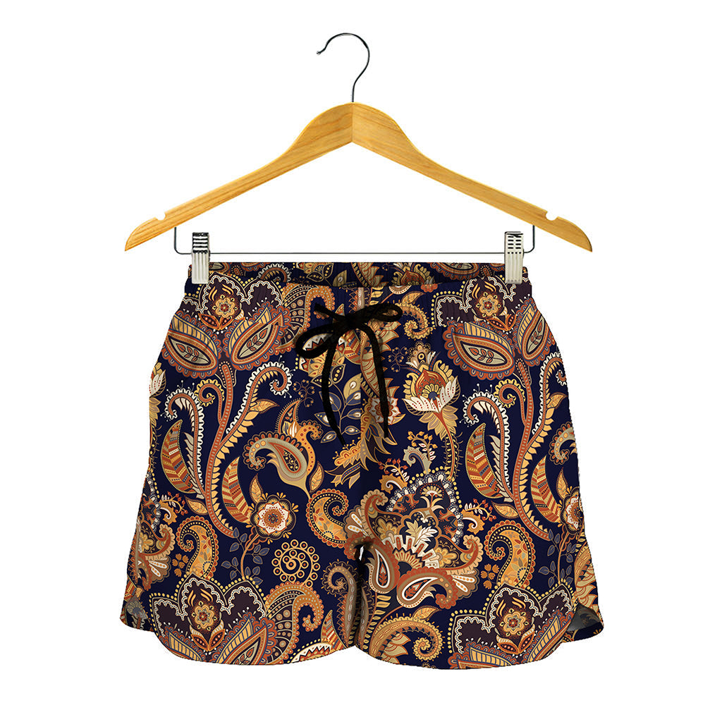 Gold And Blue Paisley Pattern Print Women's Shorts
