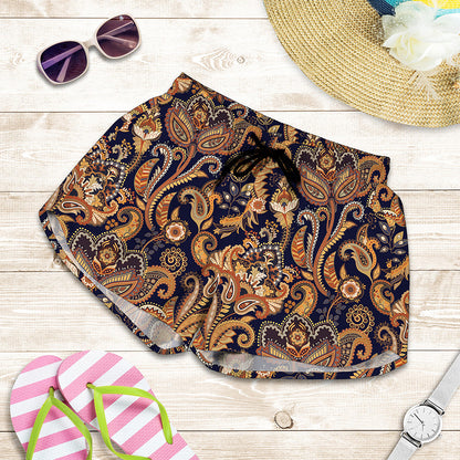 Gold And Blue Paisley Pattern Print Women's Shorts