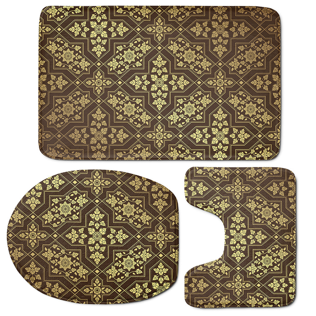 Gold And Brown Thai Pattern Print 3 Piece Bath Mat Set
