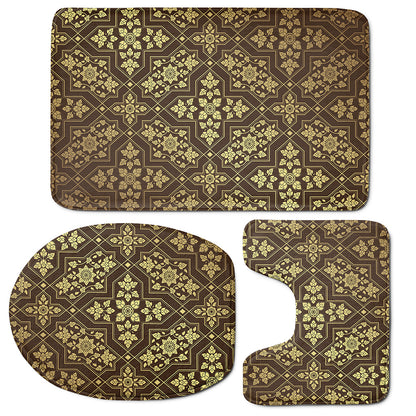 Gold And Brown Thai Pattern Print 3 Piece Bath Mat Set