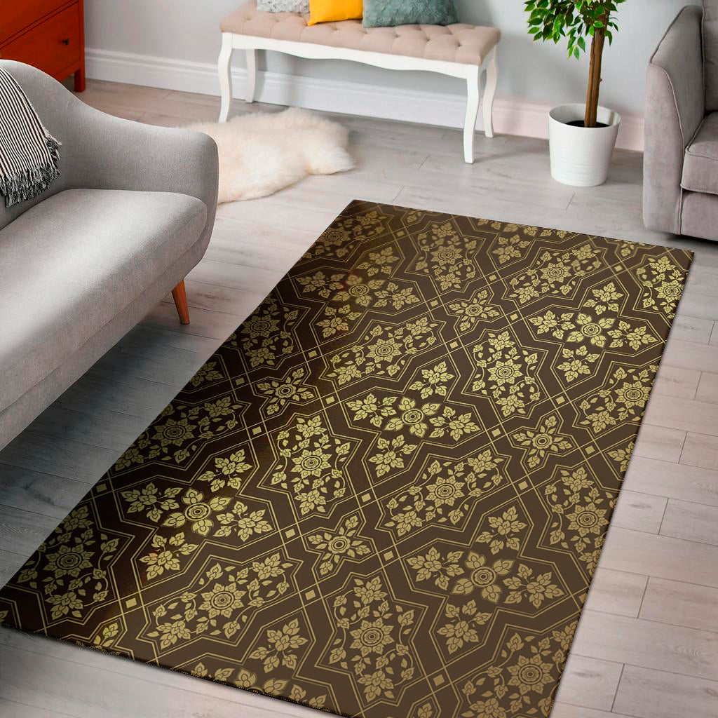 Gold And Brown Thai Pattern Print Area Rug
