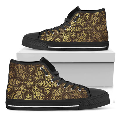 Gold And Brown Thai Pattern Print Black High Top Shoes