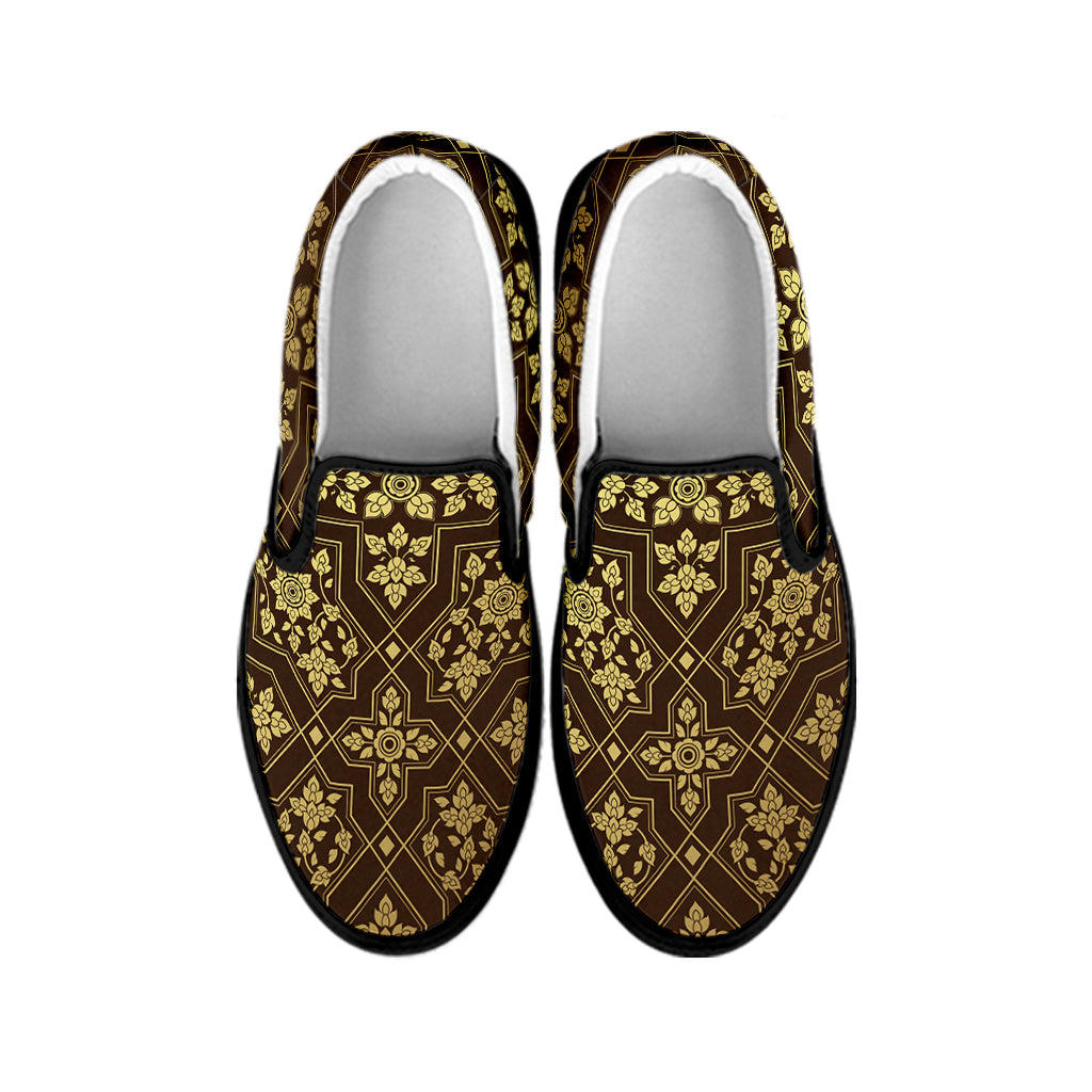 Gold And Brown Thai Pattern Print Black Slip On Shoes