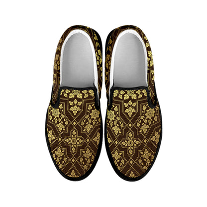 Gold And Brown Thai Pattern Print Black Slip On Shoes