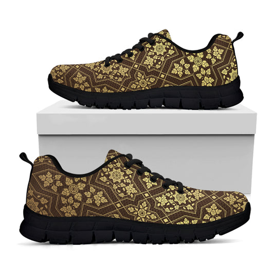 Gold And Brown Thai Pattern Print Black Sneakers