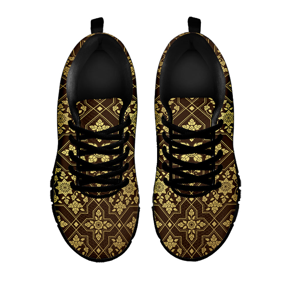 Gold And Brown Thai Pattern Print Black Sneakers