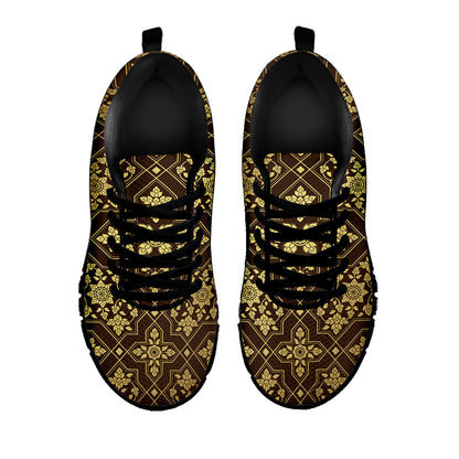 Gold And Brown Thai Pattern Print Black Sneakers