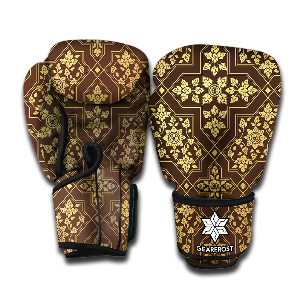 Gold And Brown Thai Pattern Print Boxing Gloves