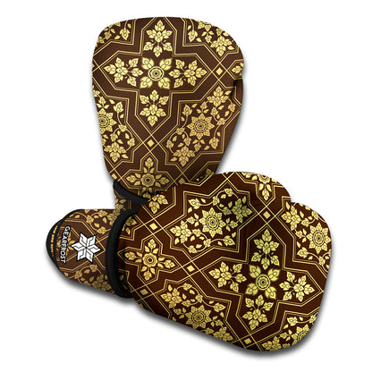 Gold And Brown Thai Pattern Print Boxing Gloves