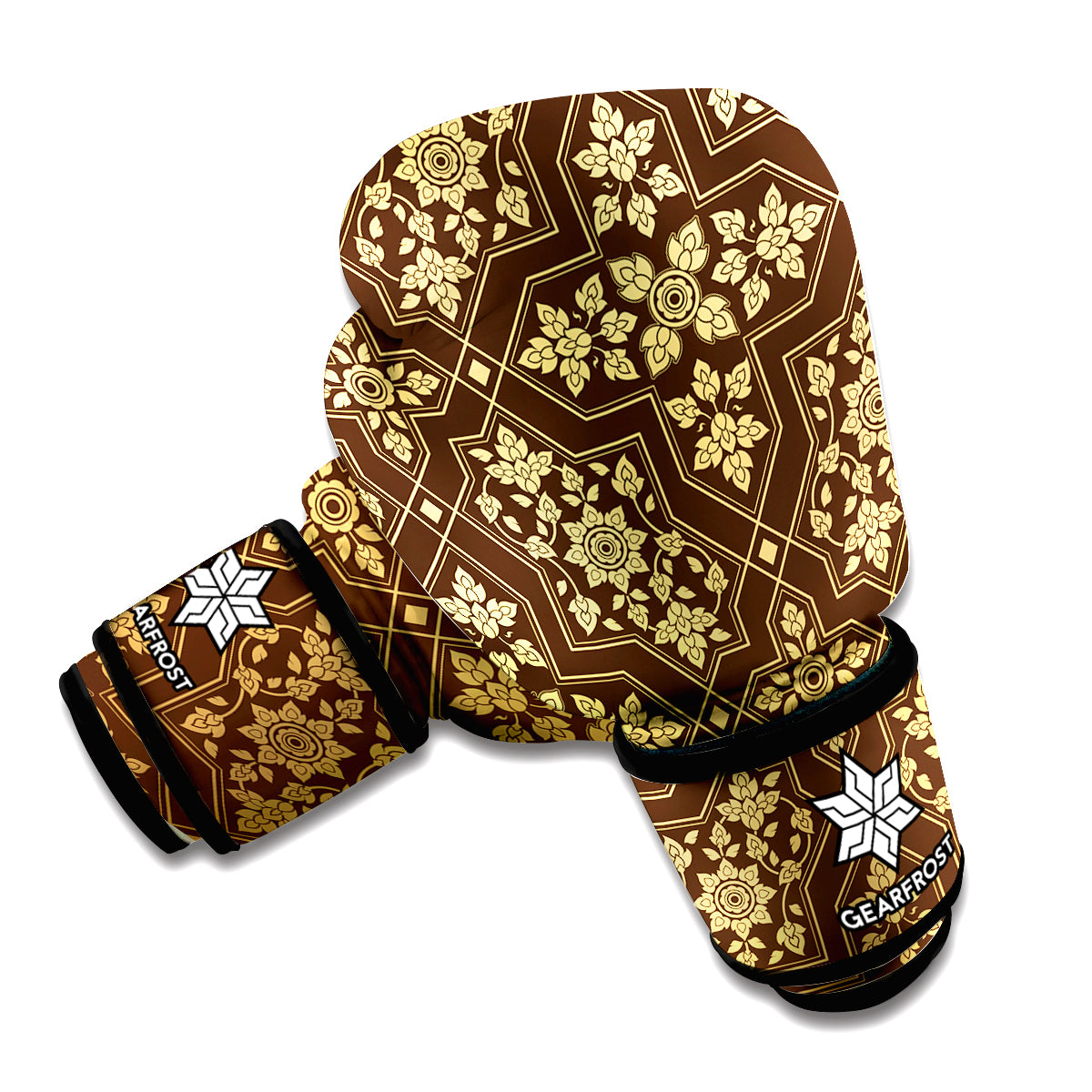 Gold And Brown Thai Pattern Print Boxing Gloves