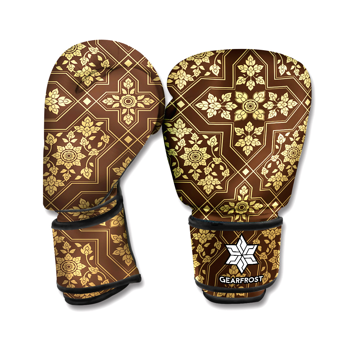 Gold And Brown Thai Pattern Print Boxing Gloves