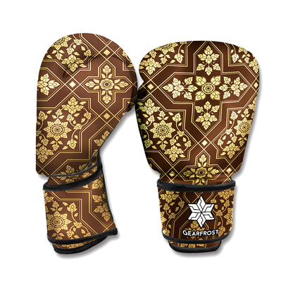 Gold And Brown Thai Pattern Print Boxing Gloves