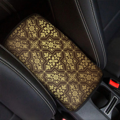 Gold And Brown Thai Pattern Print Car Center Console Cover