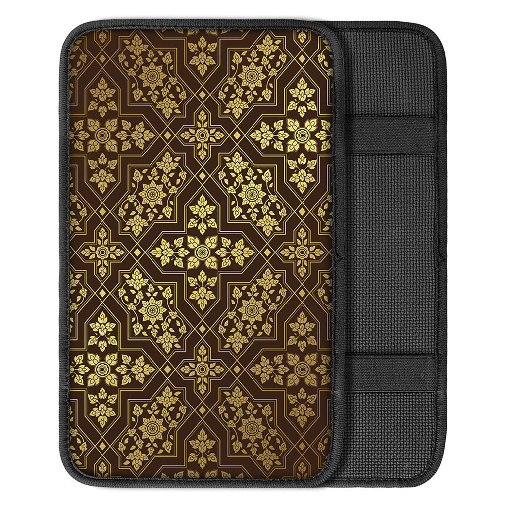 Gold And Brown Thai Pattern Print Car Center Console Cover