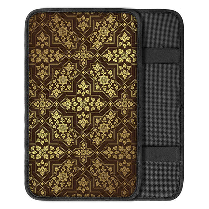 Gold And Brown Thai Pattern Print Car Center Console Cover