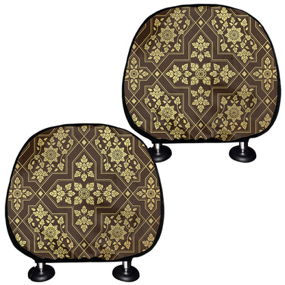 Gold And Brown Thai Pattern Print Car Headrest Covers
