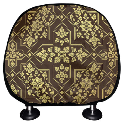 Gold And Brown Thai Pattern Print Car Headrest Covers