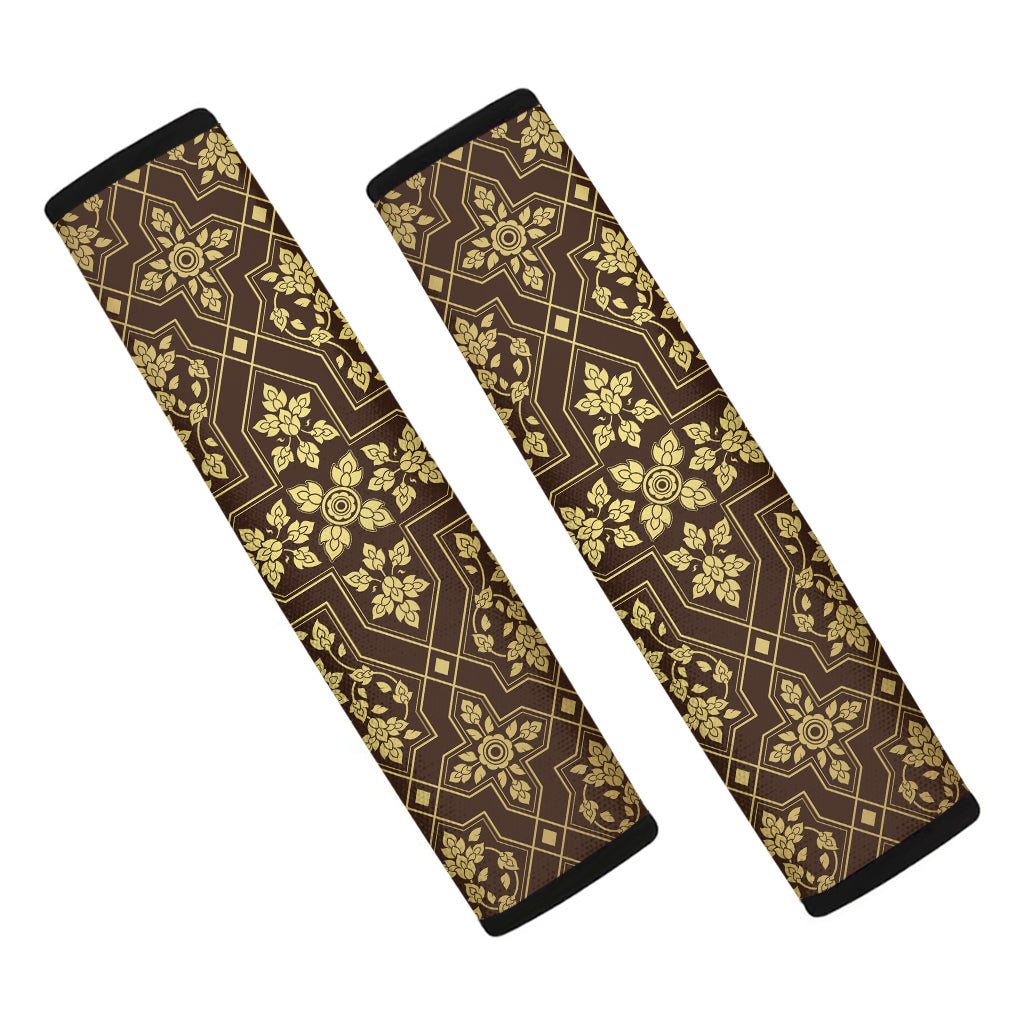 Gold And Brown Thai Pattern Print Car Seat Belt Covers