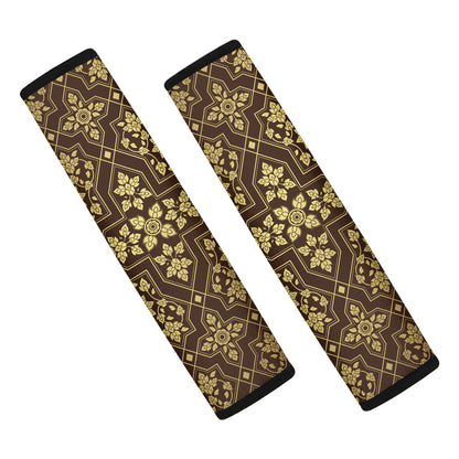 Gold And Brown Thai Pattern Print Car Seat Belt Covers