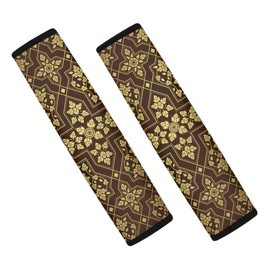 Gold And Brown Thai Pattern Print Car Seat Belt Covers