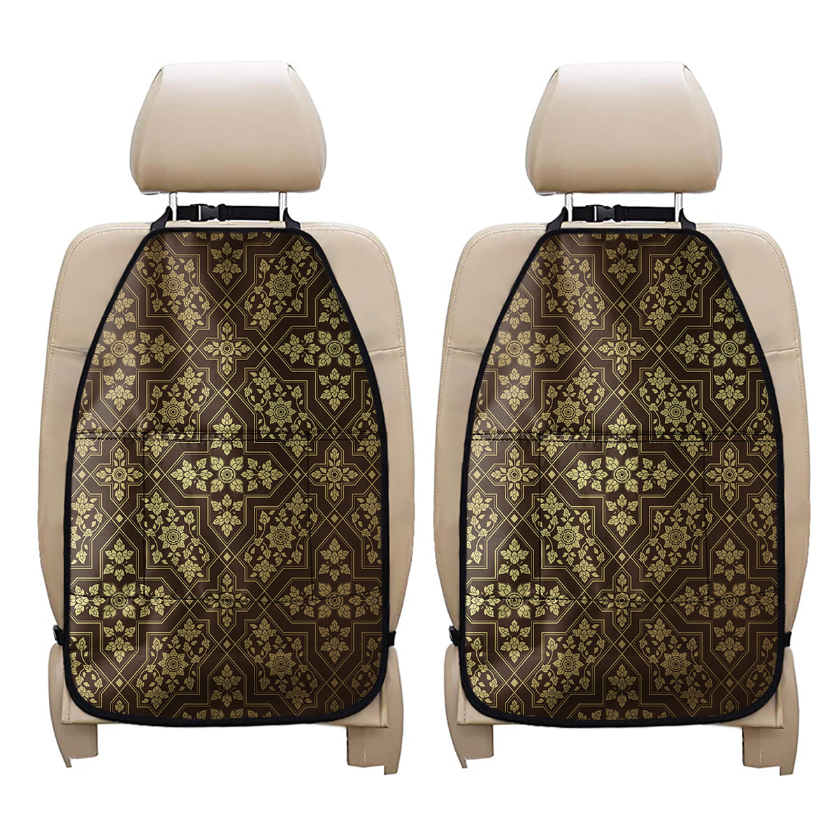 Gold And Brown Thai Pattern Print Car Seat Organizers