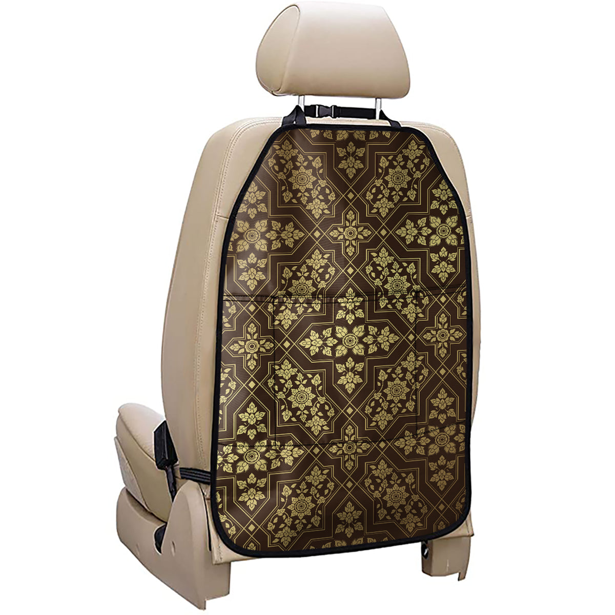 Gold And Brown Thai Pattern Print Car Seat Organizers