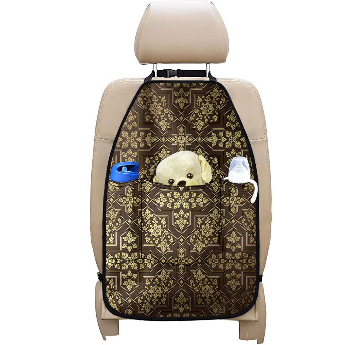 Gold And Brown Thai Pattern Print Car Seat Organizers
