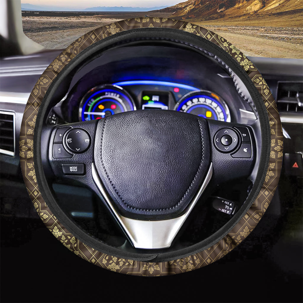 Gold And Brown Thai Pattern Print Car Steering Wheel Cover