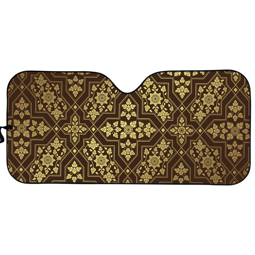 Gold And Brown Thai Pattern Print Car Sun Shade