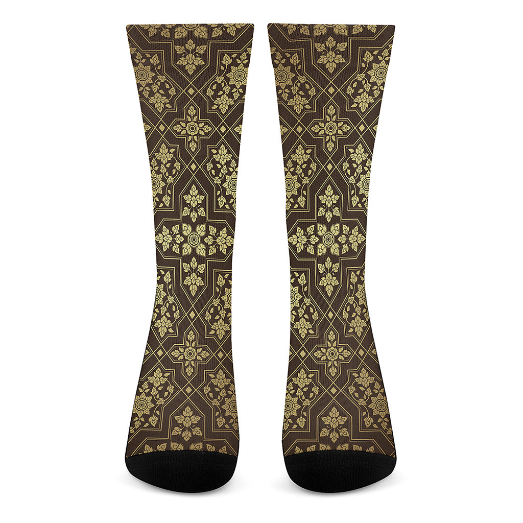 Gold And Brown Thai Pattern Print Crew Socks