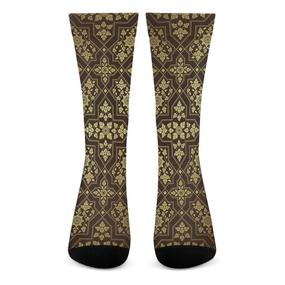Gold And Brown Thai Pattern Print Crew Socks