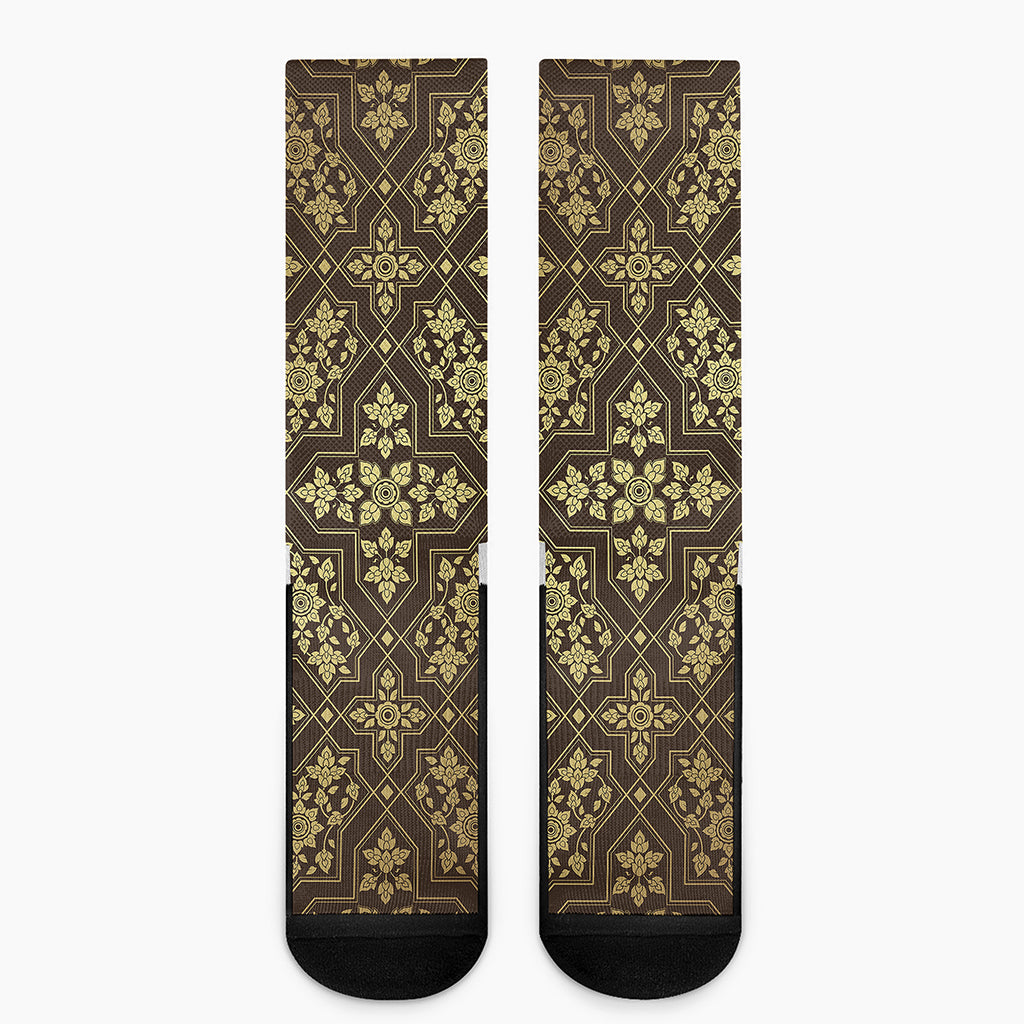 Gold And Brown Thai Pattern Print Crew Socks