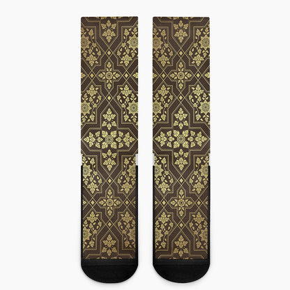 Gold And Brown Thai Pattern Print Crew Socks