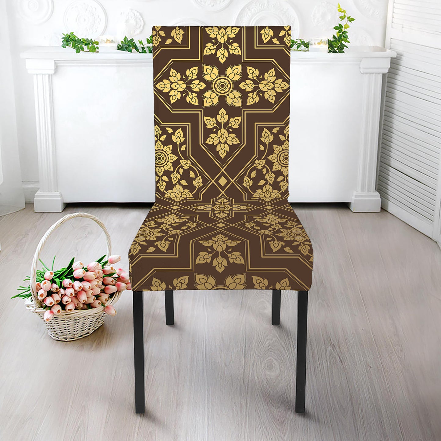 Gold And Brown Thai Pattern Print Dining Chair Slipcover
