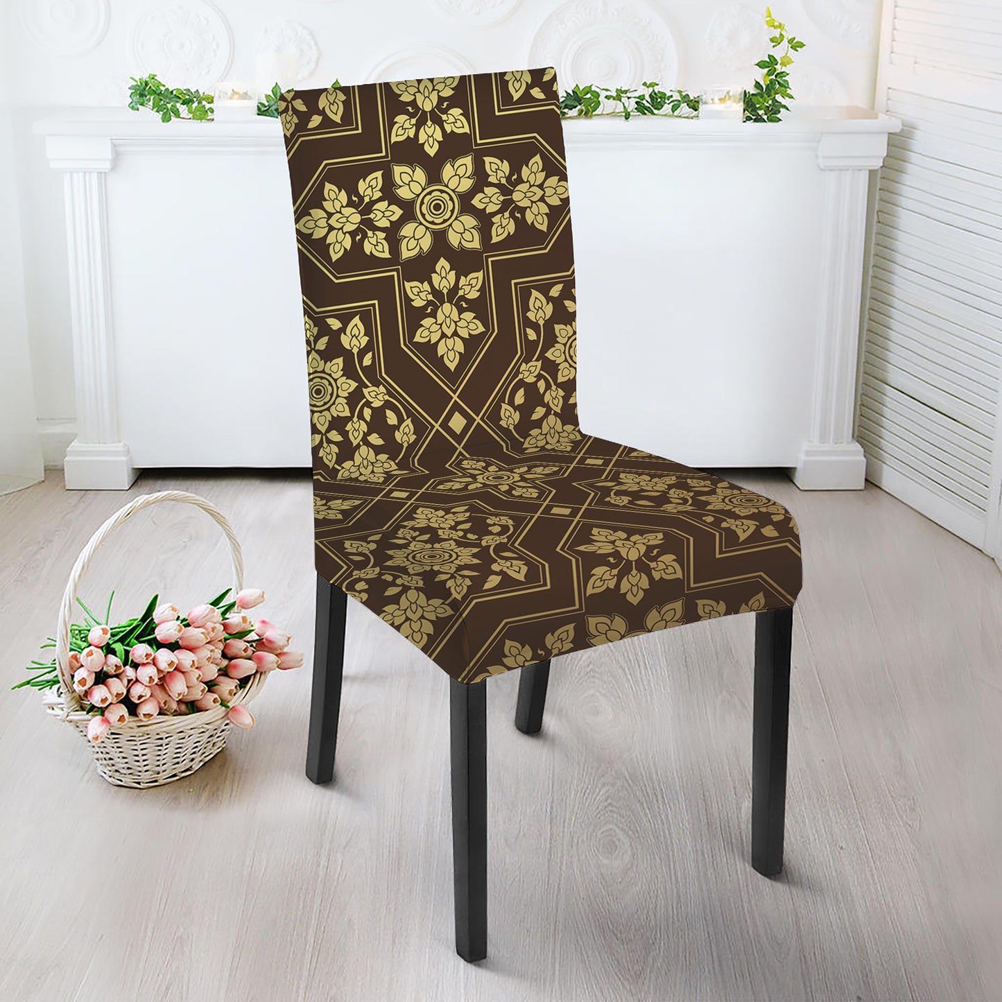 Gold And Brown Thai Pattern Print Dining Chair Slipcover
