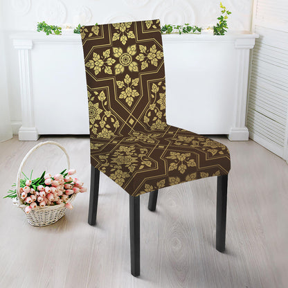 Gold And Brown Thai Pattern Print Dining Chair Slipcover