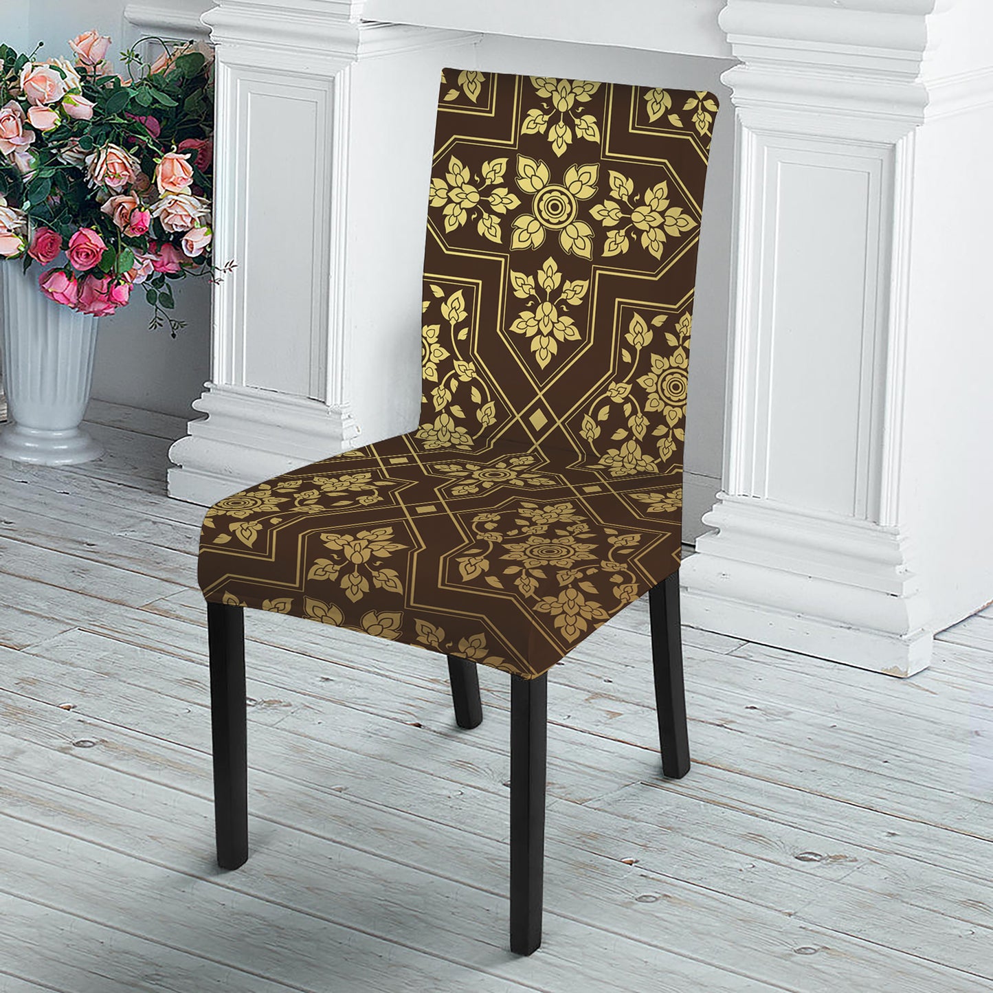 Gold And Brown Thai Pattern Print Dining Chair Slipcover