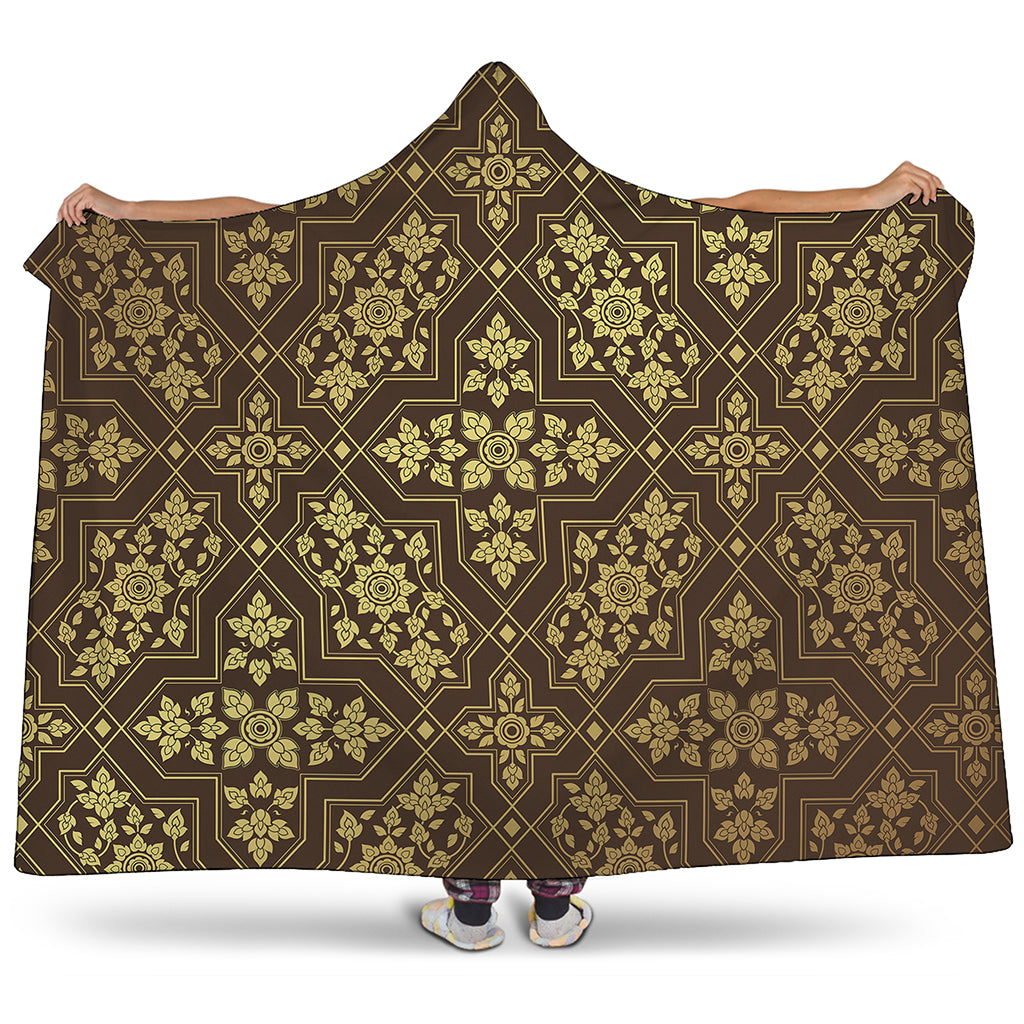 Gold And Brown Thai Pattern Print Hooded Blanket